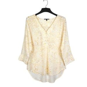 Como Black Womens Top M L Yellow White V-Neck Button Front Leopard Print Relaxed